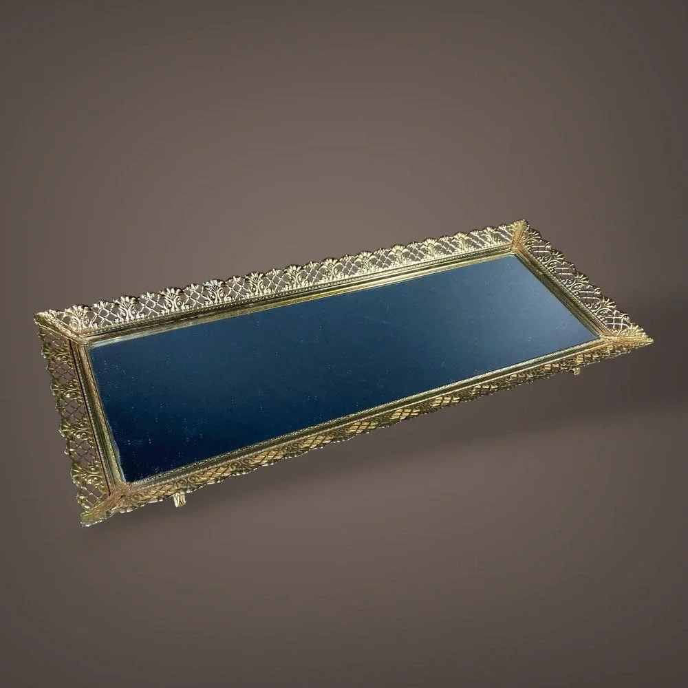 Gold Filigree Mirrored Vanity Tray Footed Hollywood Regency 1960s